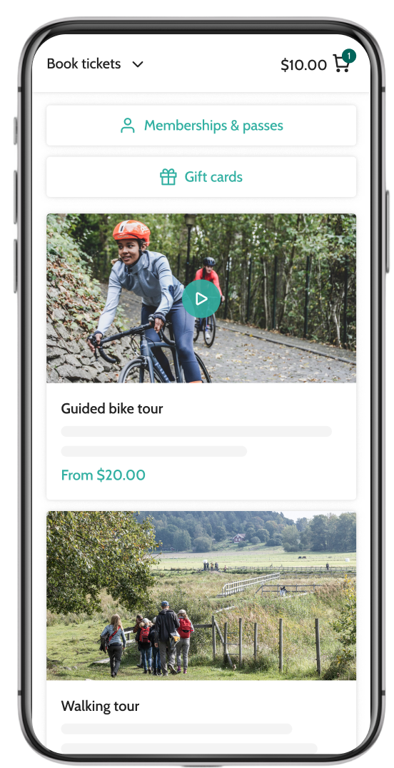 Beyonk's tour booking system on mobile. Memberships, gift cards and sessions can be bought here.